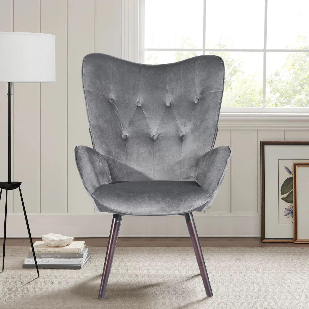 Gray Velvet Tufted Wing Back Accent Chair U12833