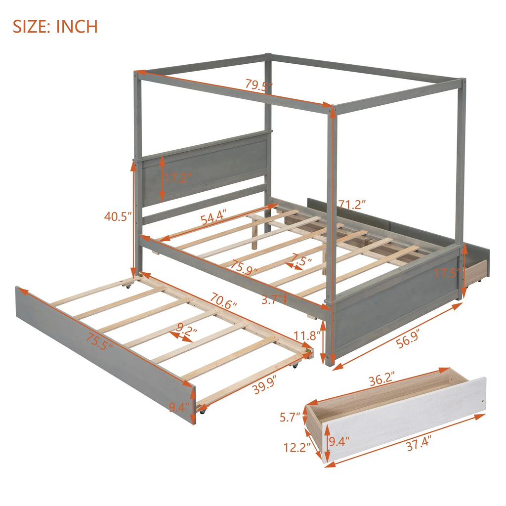 Gray Full Size Canopy Bed Frame with Trundle and 2 Storage Drawers E854