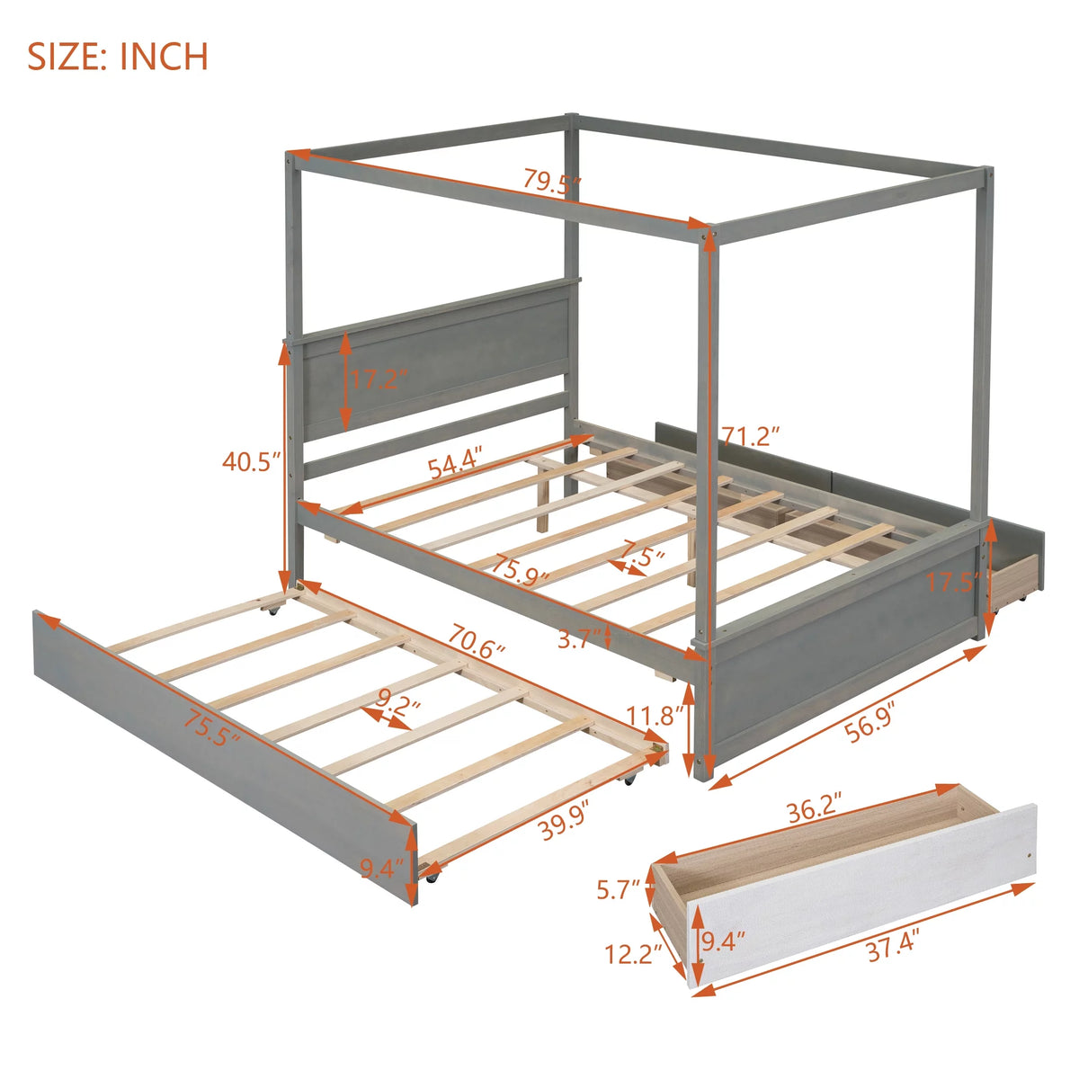 Gray Full Size Canopy Bed Frame with Trundle and 2 Storage Drawers E854