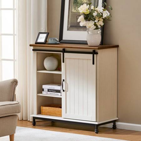 White Farmhouse Barn Door Storage Cabinet with Metal Legs, 35 x 15.7 x 35 L32943