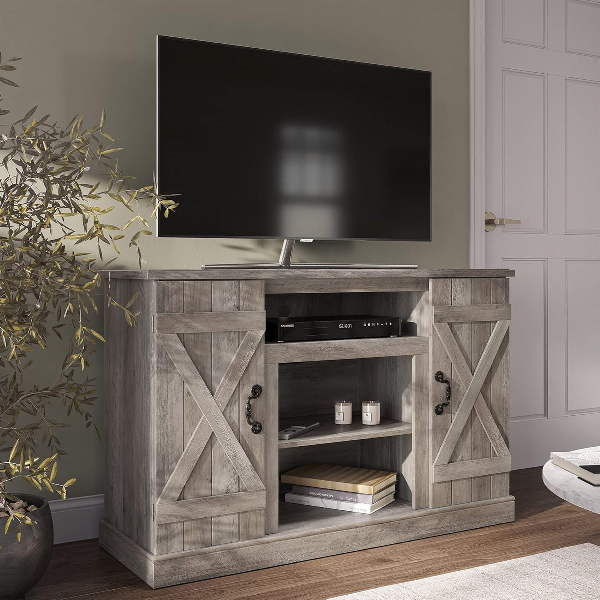 Industrial Electric Fireplace TV Stand with Open Storage Shelves Q32619