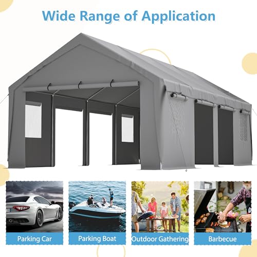 Carport 20x12ft Portable Garage with Roll-up Ventilated Windows & Removable Sidewalls F248