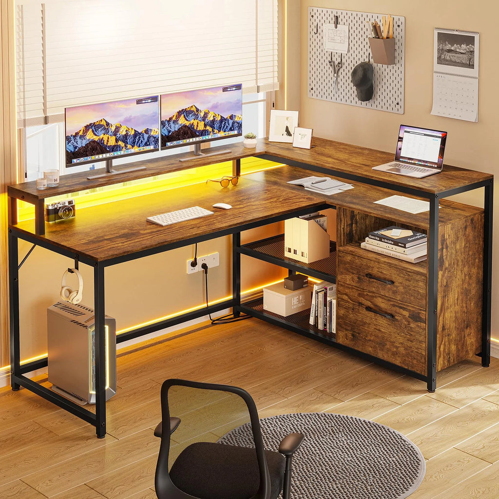 Brown L Shaped Computer Desk with LED Lights and 2 Drawers Q97173
