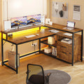 Brown L Shaped Computer Desk with LED Lights and 2 Drawers Q97173