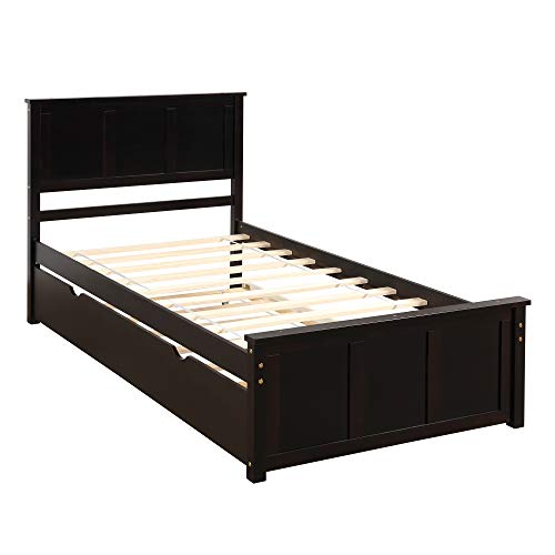 Twin Espresso Wood Low Platform Bed Frame with Headboard and Footboards A25756