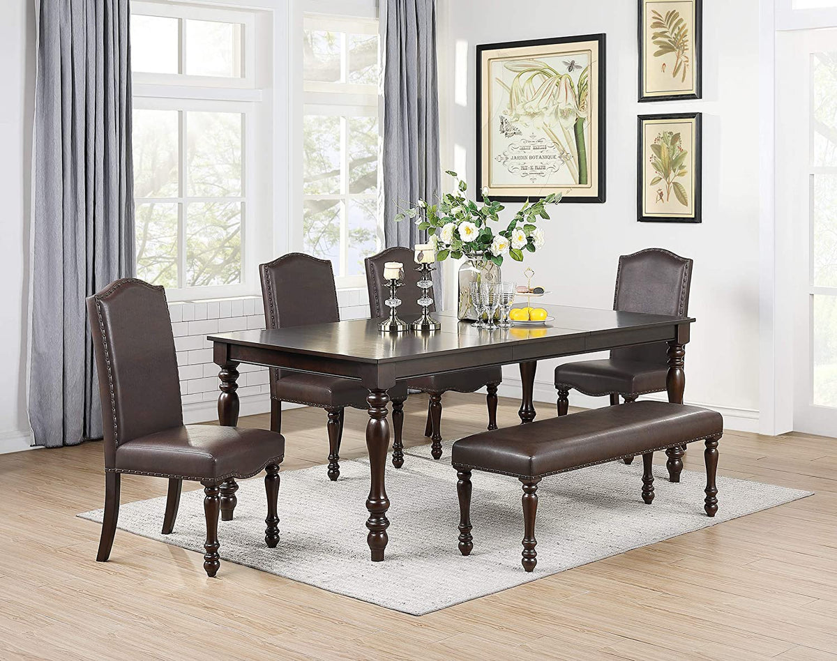 Cherry Finish Faux Leather 1X Bench Rubber Wood Foam Cushion Carved Legs W544