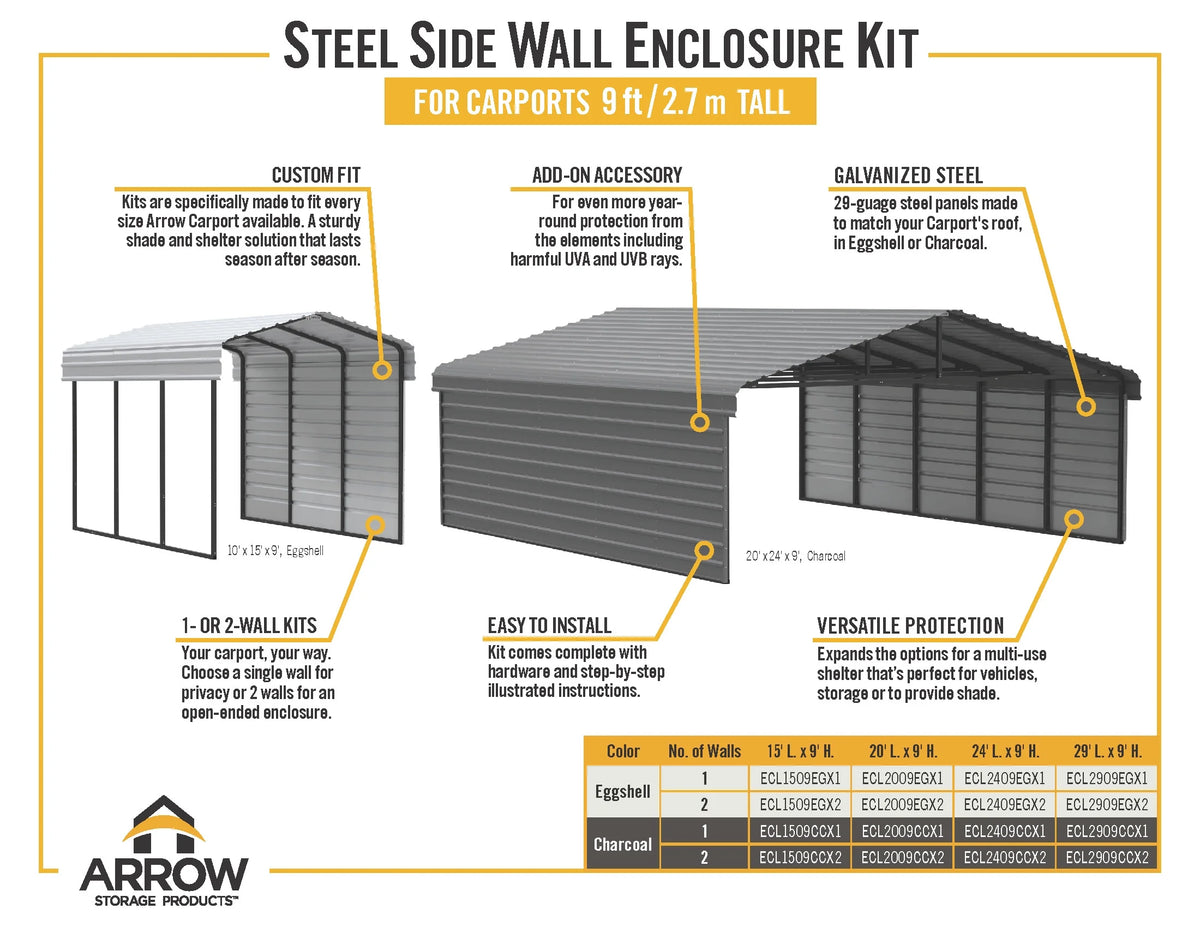 Galvanized Steel Carport Kit, 12' x 29' x 9', Charcoal S3600