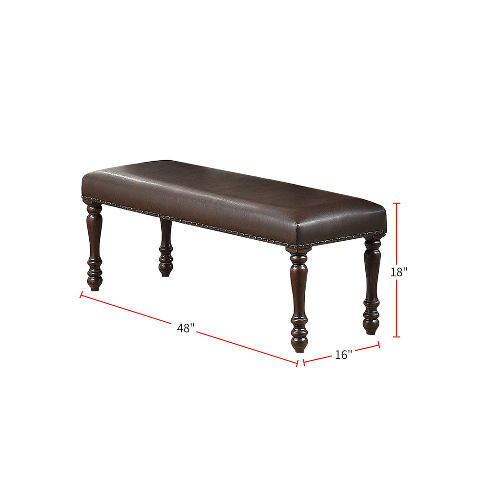 Cherry Finish Faux Leather 1X Bench Rubber Wood Foam Cushion Carved Legs W544