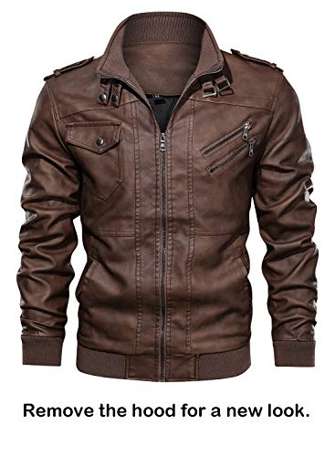 Stand Collar Faux Leather Zip-Up Bomber Jacket with Removable Hood P8827