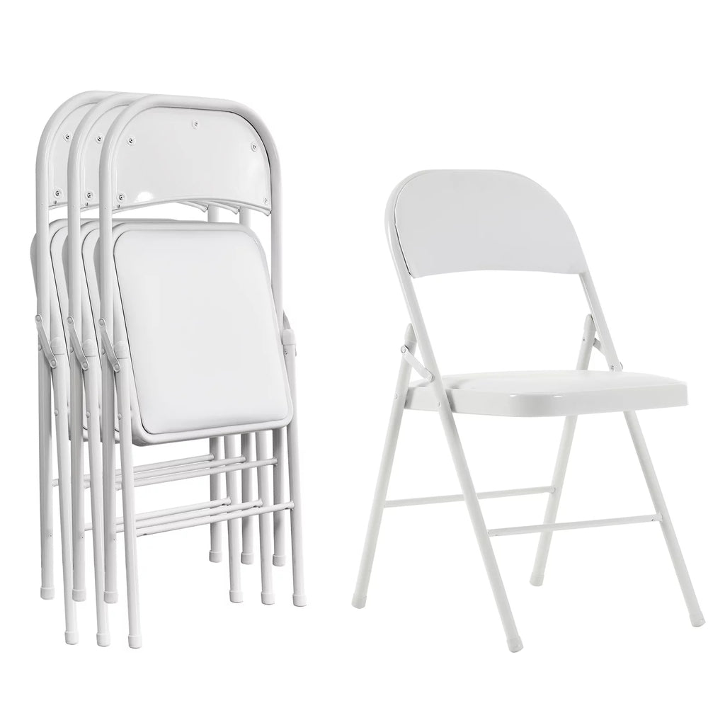 4 Pack White Folding Chairs with Metal Frame and Cushion O7054