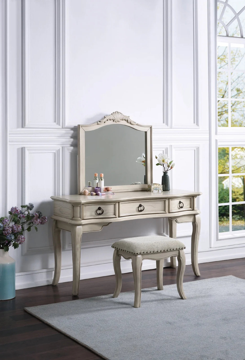 Antique White Vanity Set with Stool and Mirror H251