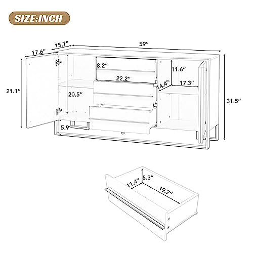 White and Gold Buffet Table with 3 Drawers 2 Doors D293
