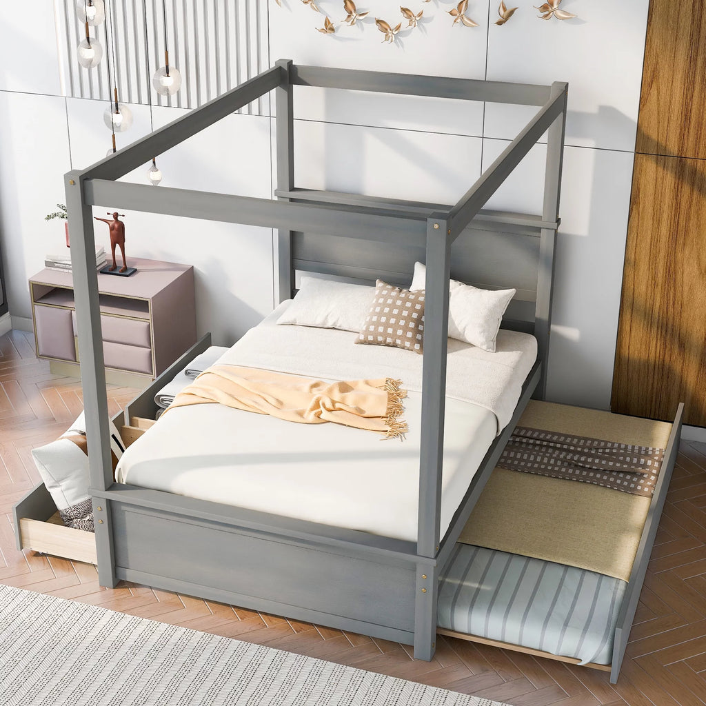 Gray Full Size Canopy Bed Frame with Trundle and 2 Storage Drawers E854