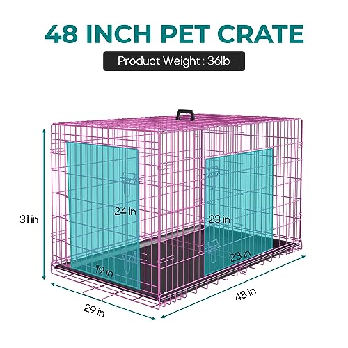 Large Foldable Metal Wire Dog Crate with Double-Door Tray B3626