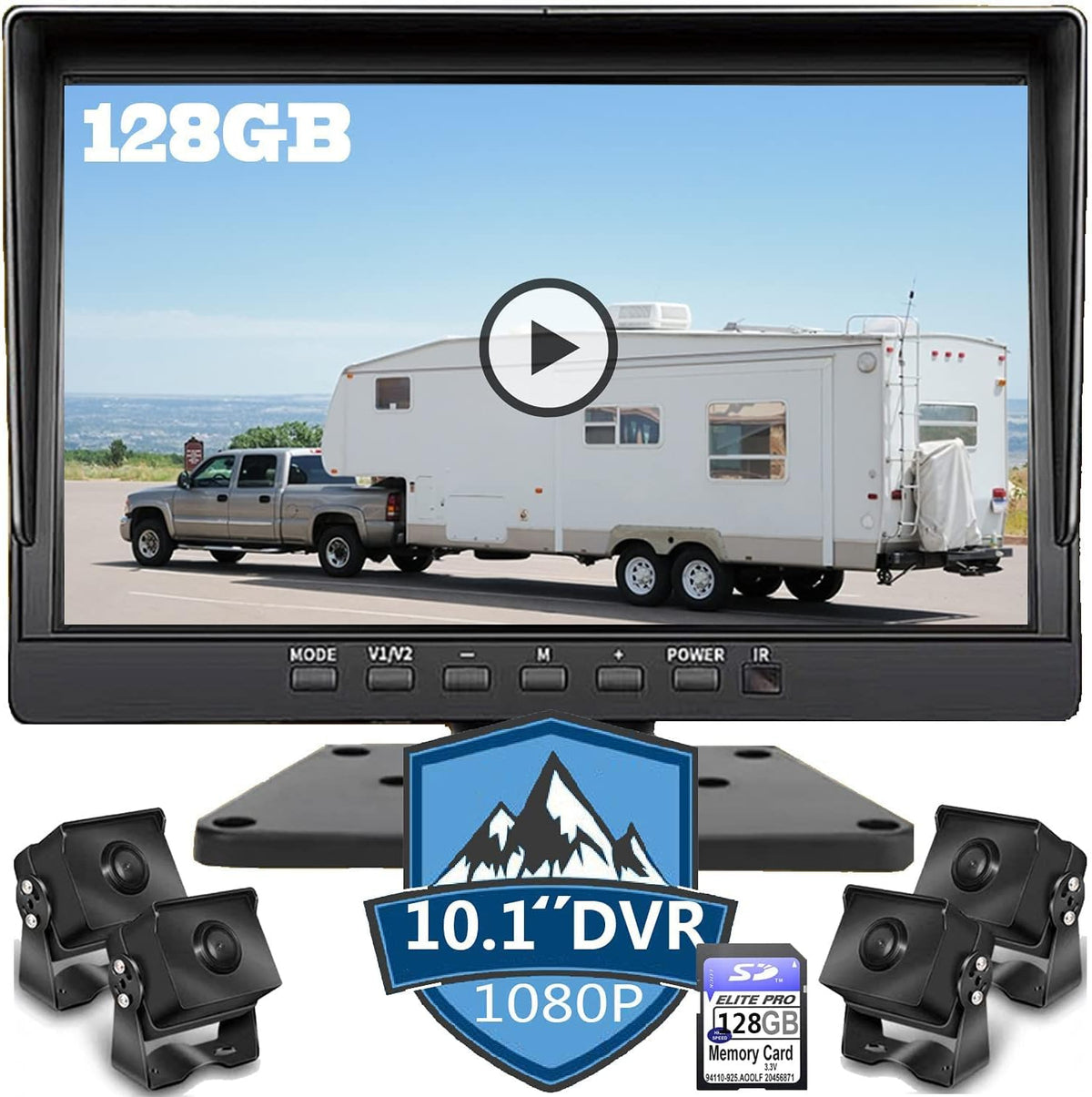 10.1 inch 1080P Backup Camera Monitor with 128GB DVR Waterproof 4 Split Screen L114