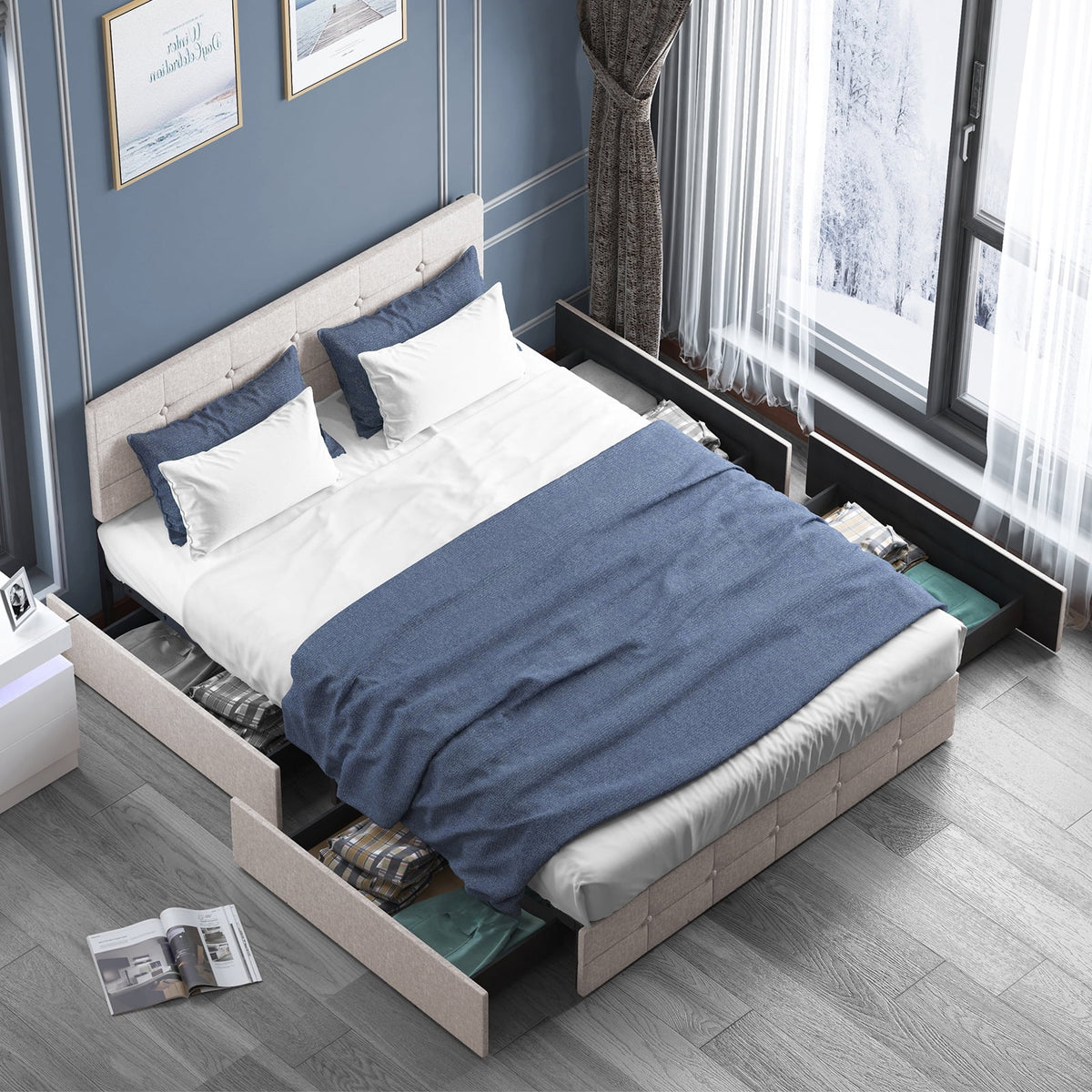 Black Linen Fabric Full Storage Bed Frame with Upholstered Headboard H5234