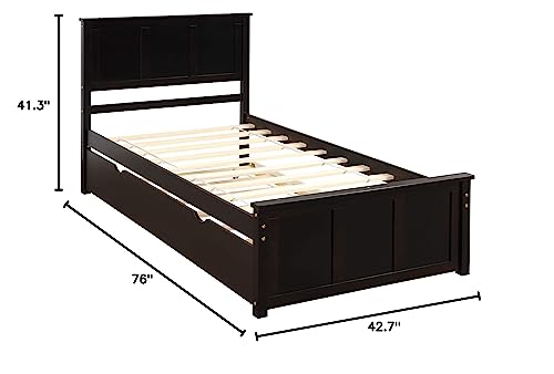 Twin Espresso Wood Low Platform Bed Frame with Headboard and Footboards A25756