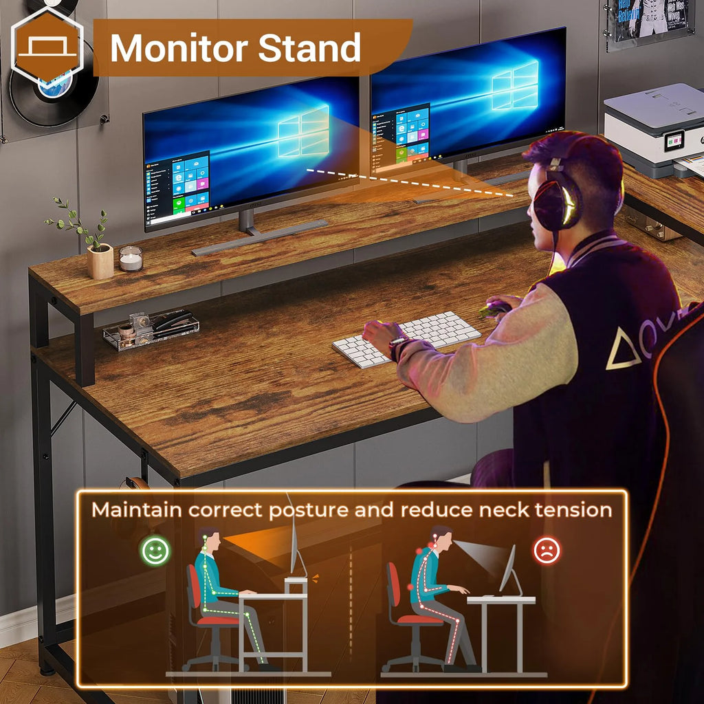 Brown L Shaped Computer Desk with LED Lights and 2 Drawers Q97173