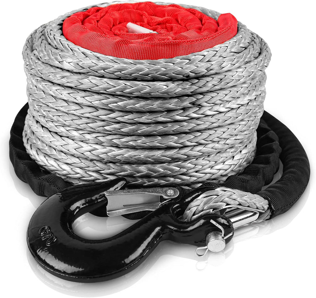 Synthetic Winch Rope 3/8 x 100ft with Protective Sleeve and Heavy-Duty Hook, Blue, Pack of 2 Q999