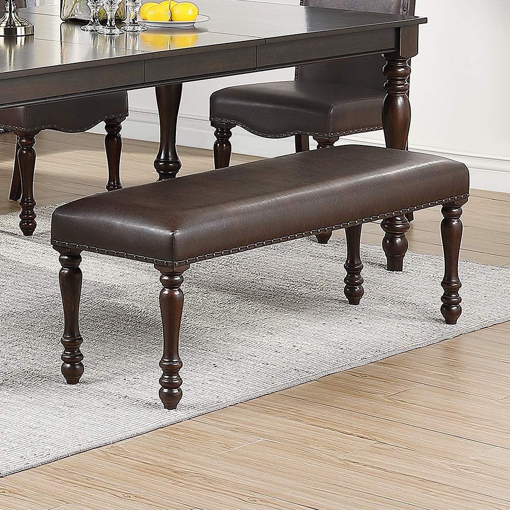 Cherry Finish Faux Leather 1X Bench Rubber Wood Foam Cushion Carved Legs W544