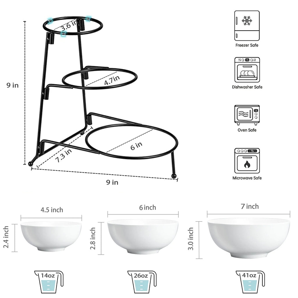 3 Tier Ceramic Serving Bowl Set with Metal Rack C16290