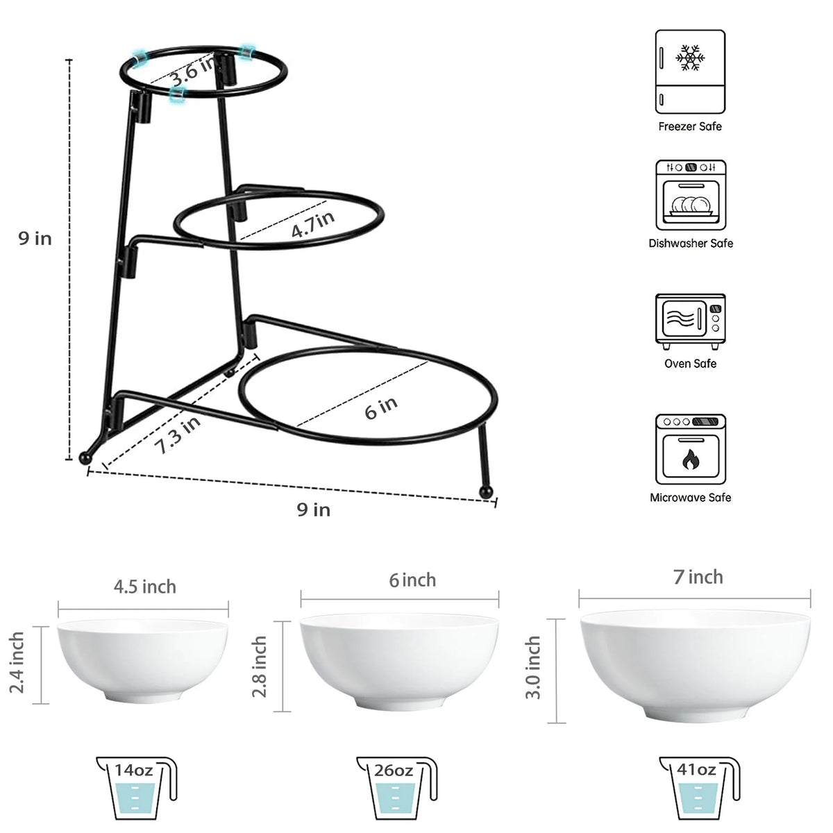 3 Tier Ceramic Serving Bowl Set with Metal Rack C16290