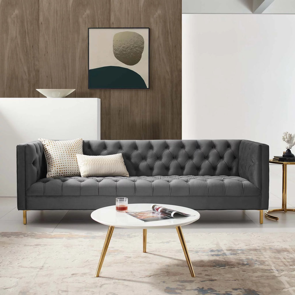 Gray Tufted Button Performance Velvet Sofa Q331933