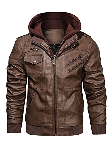 Stand Collar Faux Leather Zip-Up Bomber Jacket with Removable Hood P8827