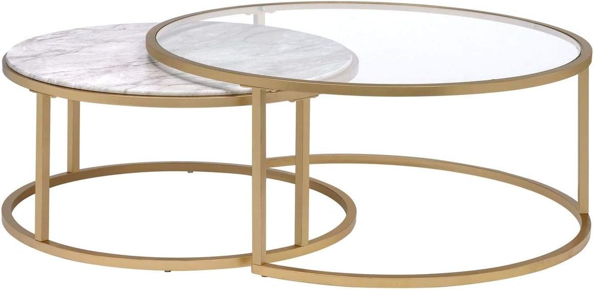 Modern Nesting Coffee Table Set of 2, Faux Marble & Clear Glass Top, Metal Frame, Gold Finish R400833