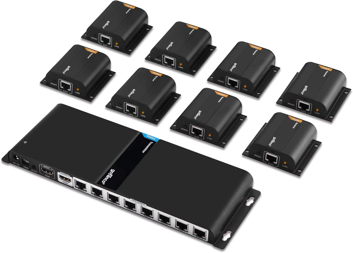 1080p 1x8 8 Port HDMI Extender Splitter Over CAT6/CAT6a/CAT7 Ethernet Cable with HDMI Loopout & IR Extension X27013