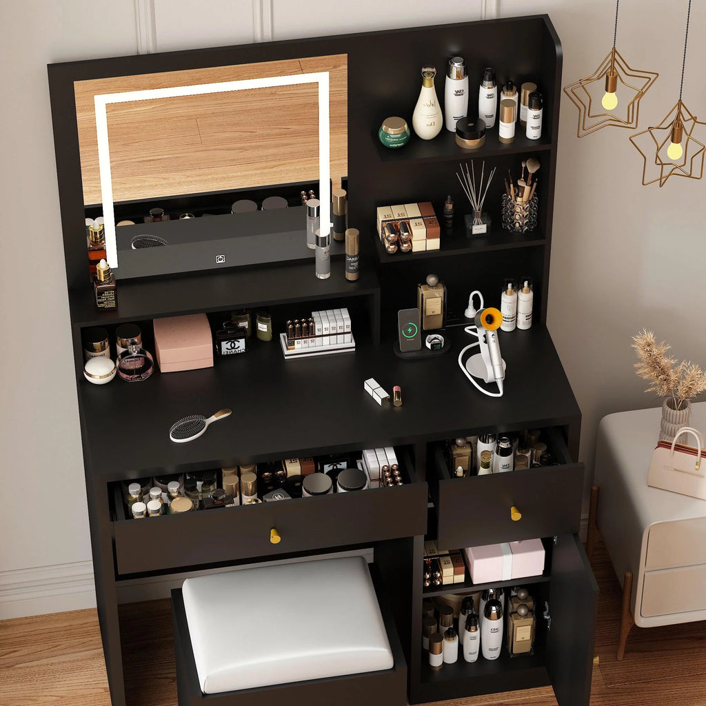 Black Vanity Desk Set with LED Light Mirror and Stool Z899965