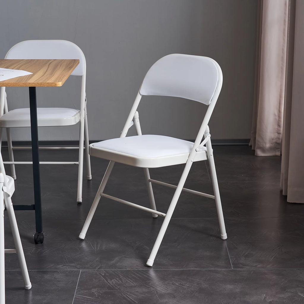 4 Pack White Folding Chairs with Metal Frame and Cushion O7054