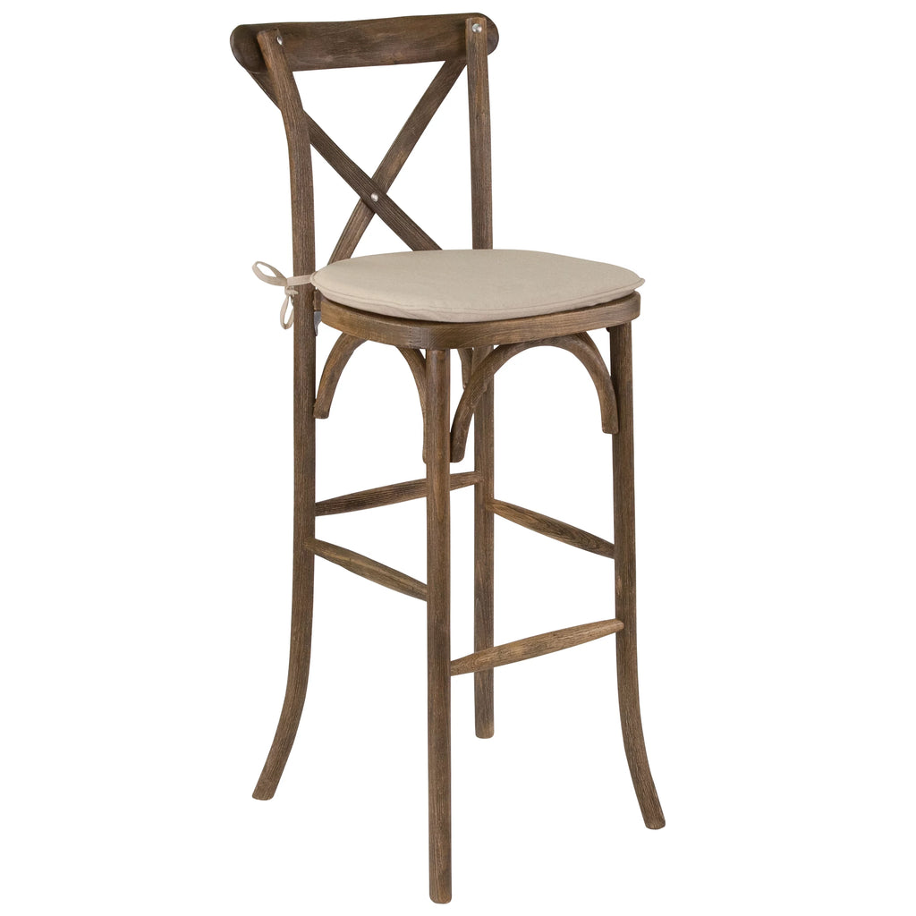 Dark Antique Wood Cross Back Barstool with Cushion A591