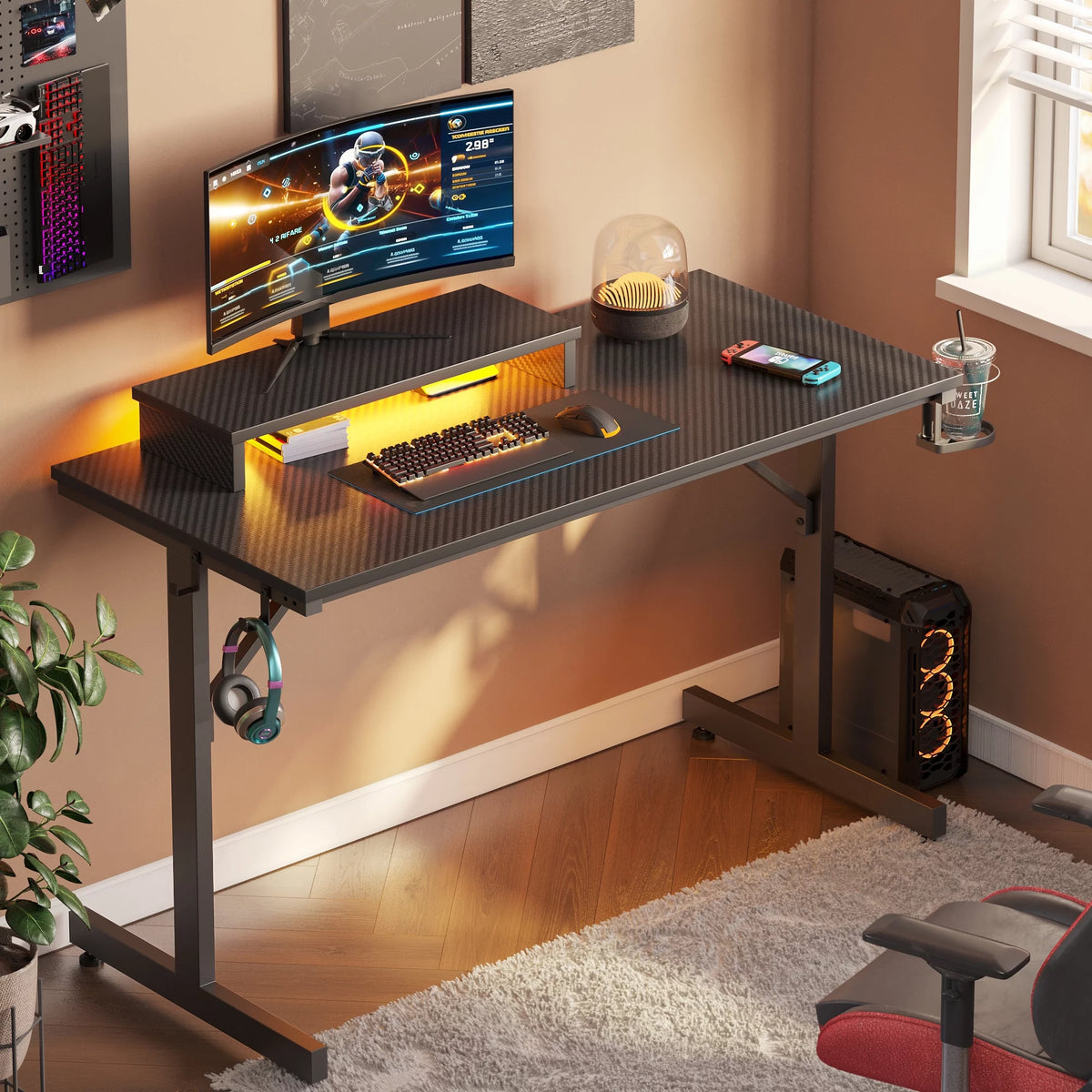 42" Gaming Desk with LED Lights, Monitor Stand, Headphone Hook, Cup Holder in Carbon Fiber Black E879