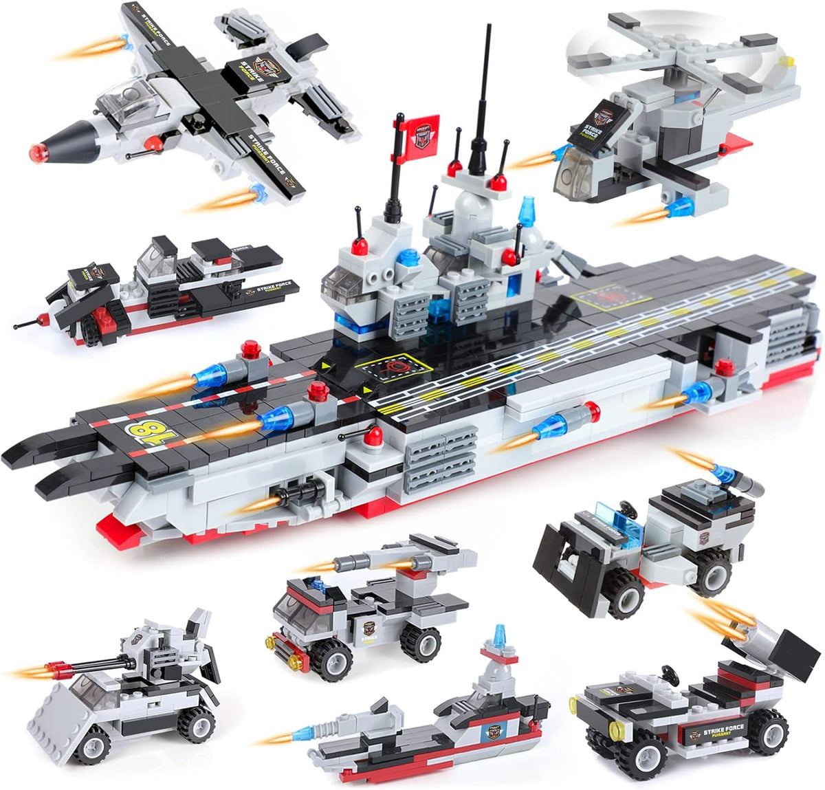 1630 Pieces Aircraft Carrier Building Blocks Set with Army Car, Helicopter, Airplane, Warship, Boat P383690