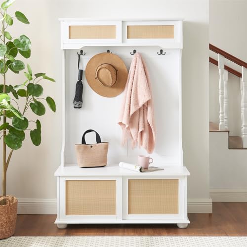 64" 3-in-1 Hall Tree Entryway Four Hooks Rattan Door Shelves Shoe Storage Bench Cabinets with Solid Feet L40994