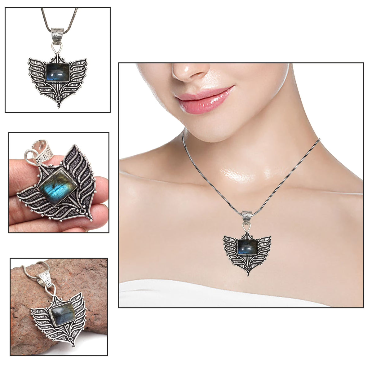 Silver 925 Sterling Garnet Gemstone Necklace Labradorite Jewelry Handmade O492