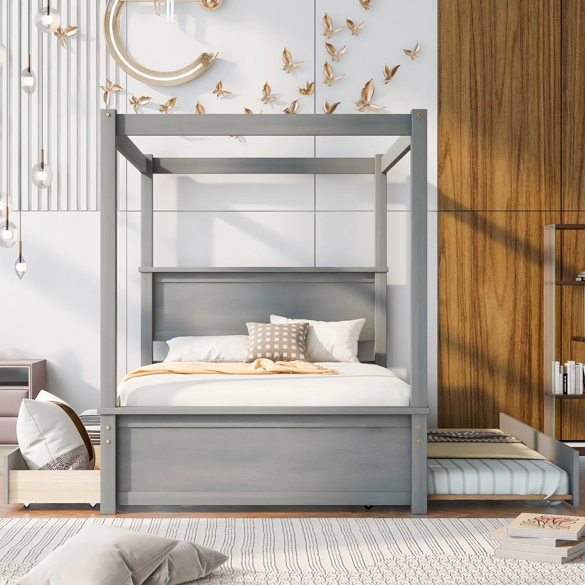 Gray Full Size Canopy Bed Frame with Trundle and 2 Storage Drawers E854