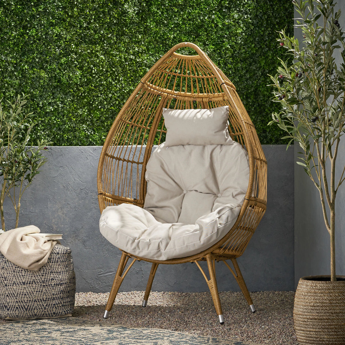 Beige Light Brown Wicker Teardrop Chair K3644