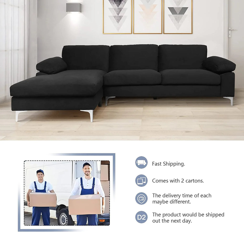 Black Velvet L-Shaped Sectional Sofa with Metal Legs X779296
