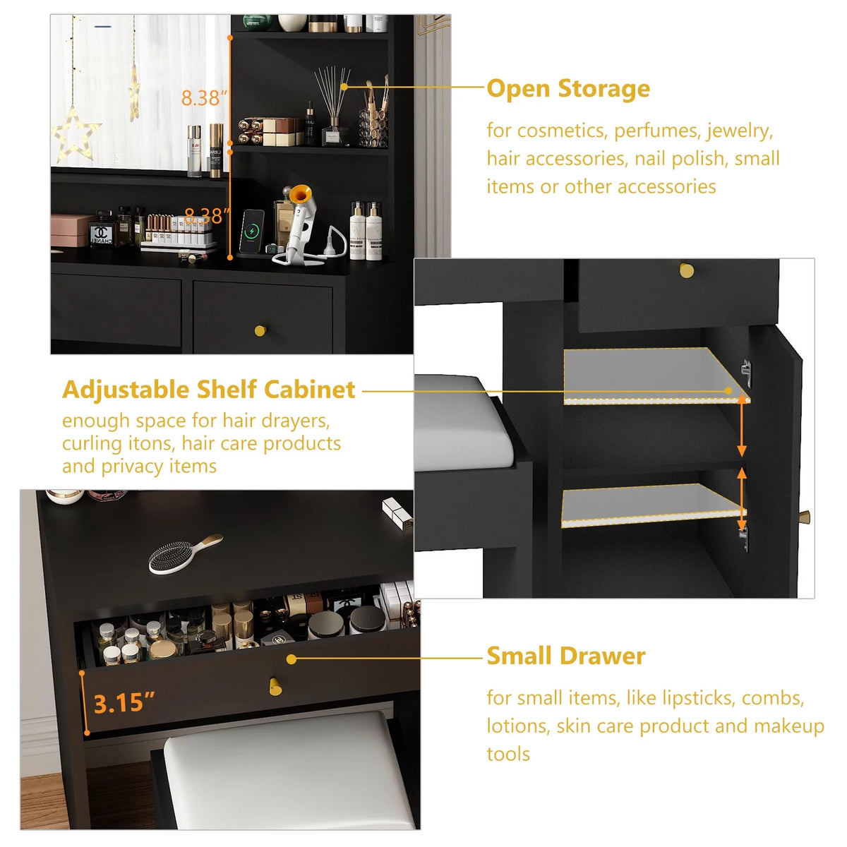 Black Vanity Desk Set with LED Light Mirror and Stool Z899965