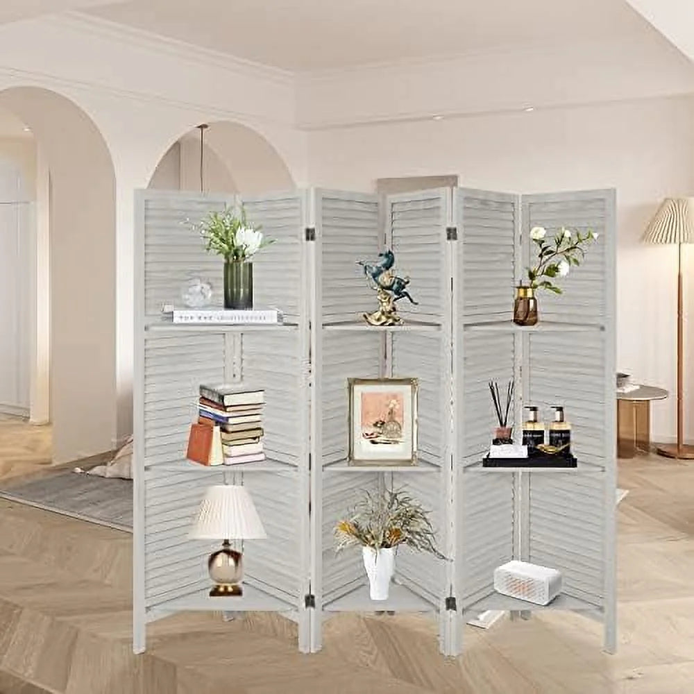 Wood 4 Panel Room Divider with Shelves A2026