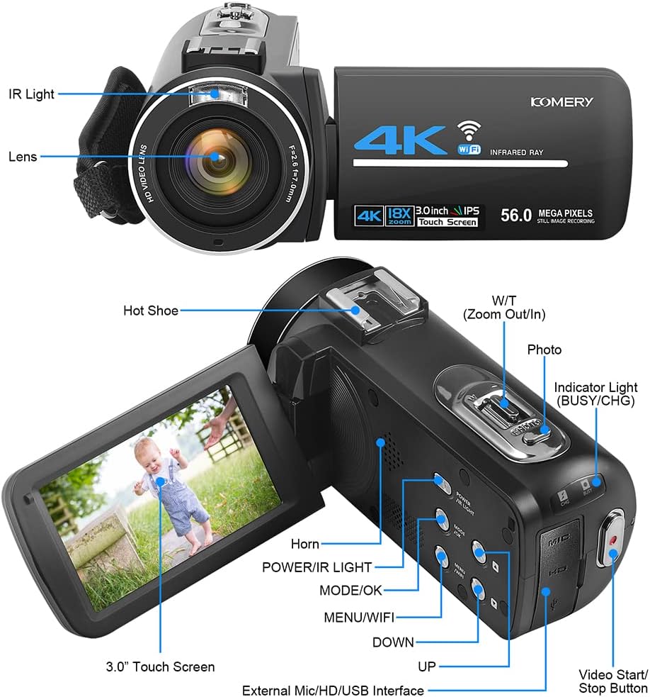 4K 56MP UHD Camcorder with IR Night Vision 18X Digital Zoom Q169