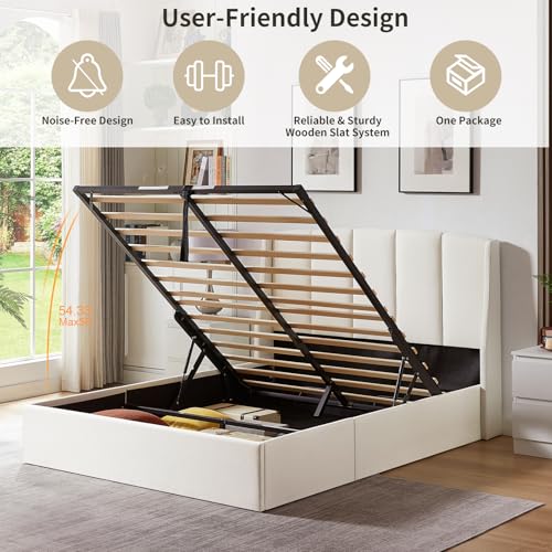 White Queen Size Lift-Up Storage Upholstered Platform Bed with Wingback Headboard V954