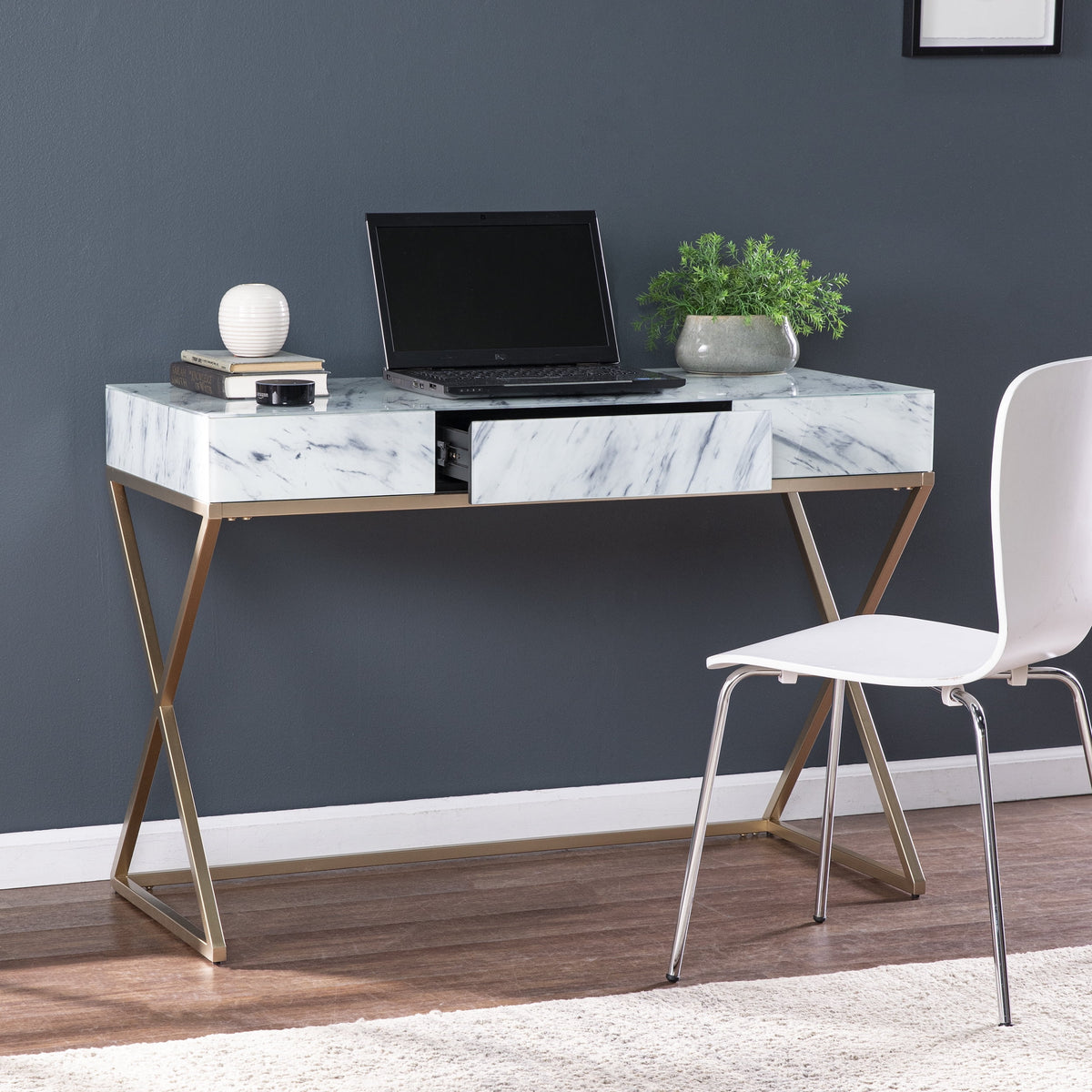 Gold Faux Marble Writing Desk with Storage H2261