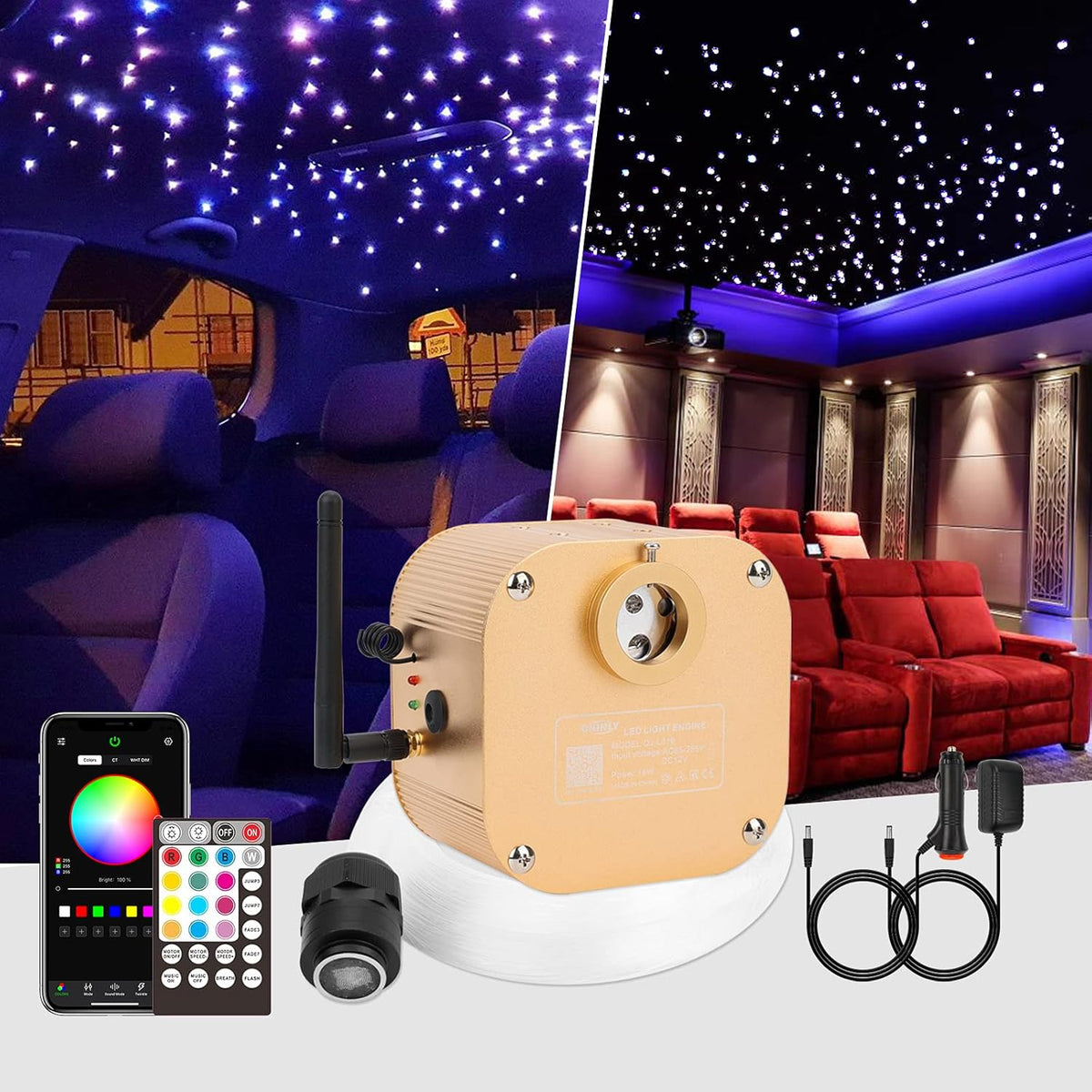 16W 450pcs 13.1ft RGBW Bluetooth LED Fiber Optic Star Ceiling Lights Kit with Adapter A59517