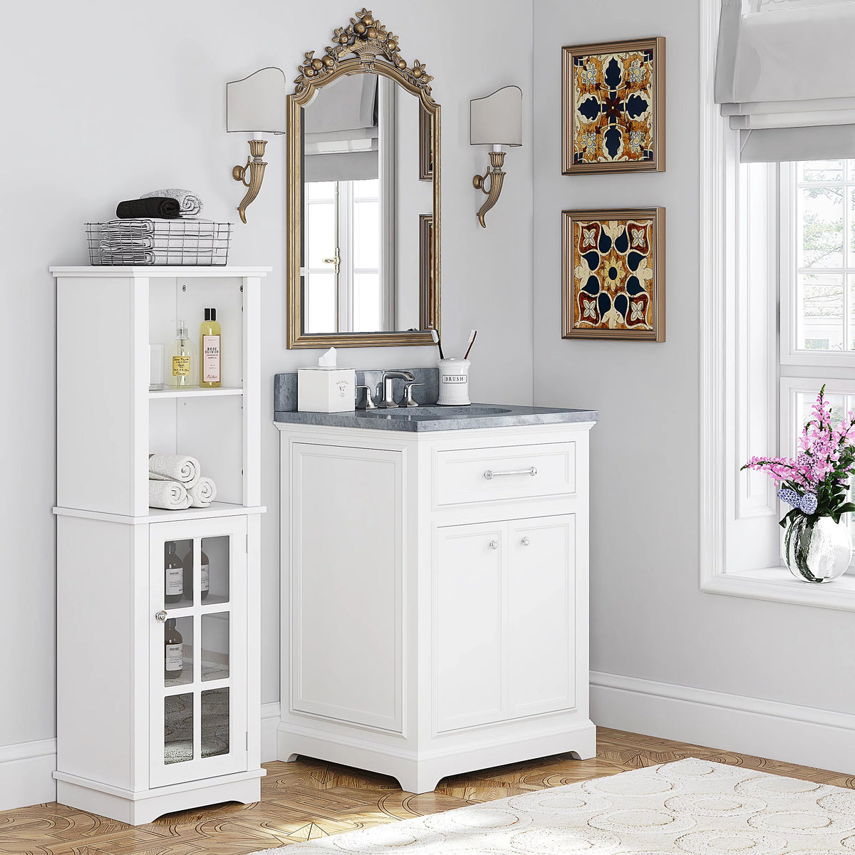 White Tall Narrow Storage Cabinet with Glass Doors E6706