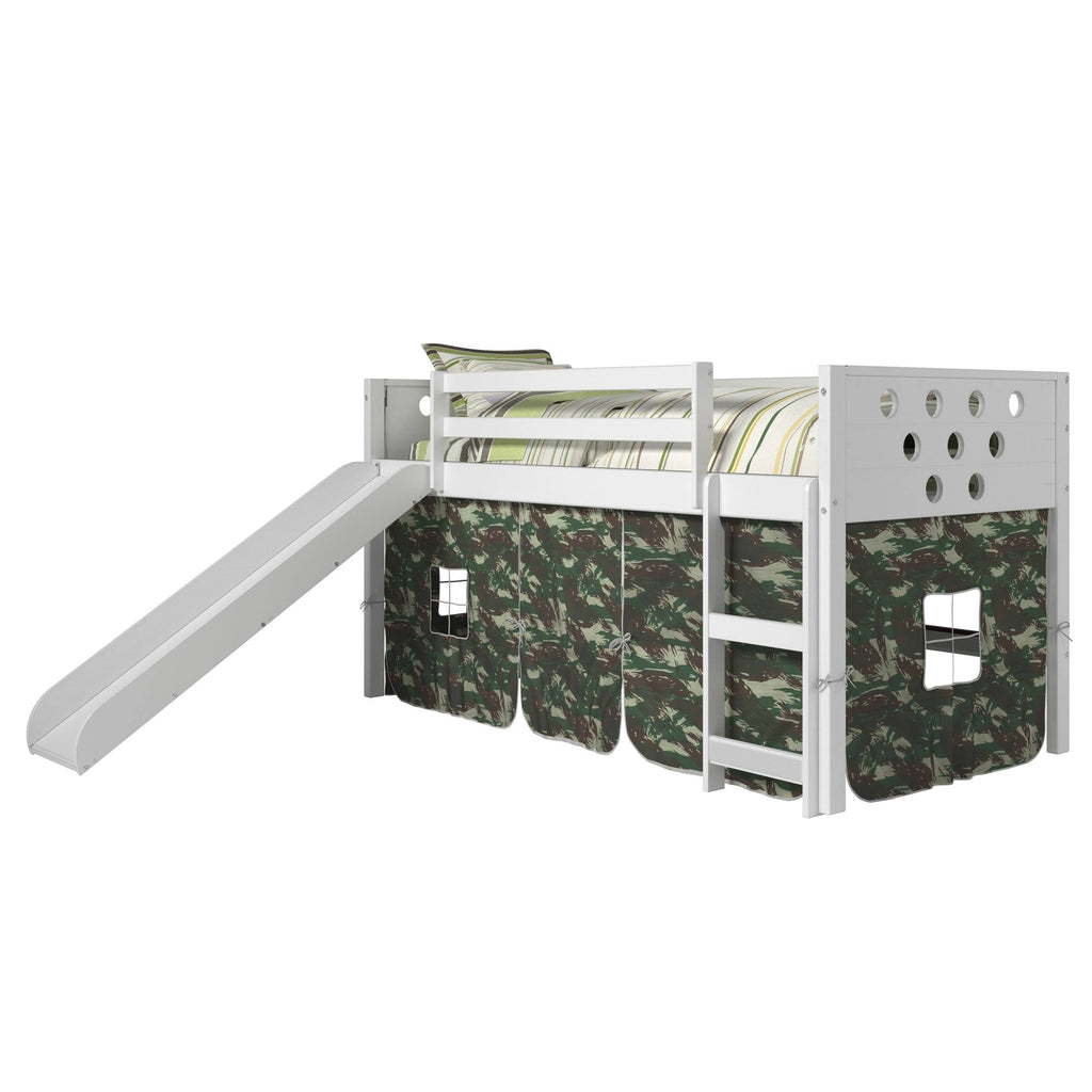 White Twin Circles Low Loft Bed with Slide and Camo Tent Kit T870