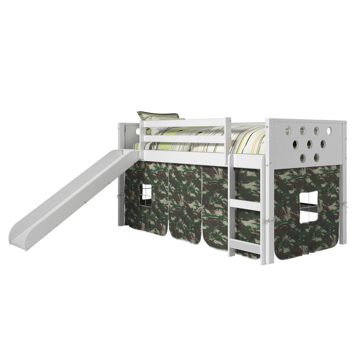 White Twin Circles Low Loft Bed with Slide and Camo Tent Kit T870