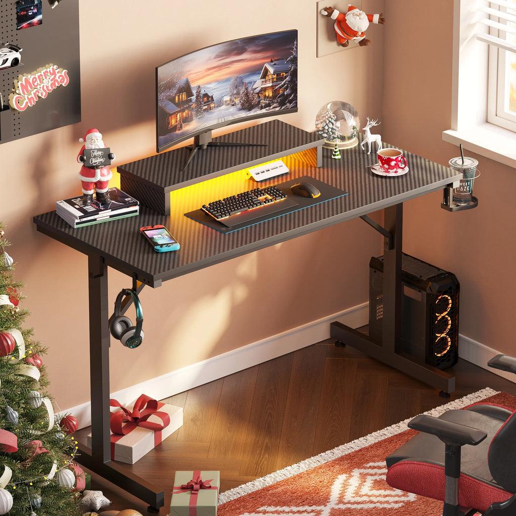 42" Gaming Desk with LED Lights, Monitor Stand, Headphone Hook, Cup Holder in Carbon Fiber Black E879
